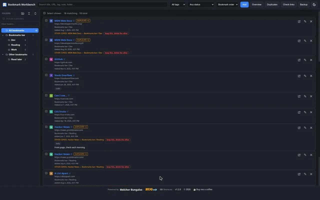 The main bookmark list with the folder sidebar