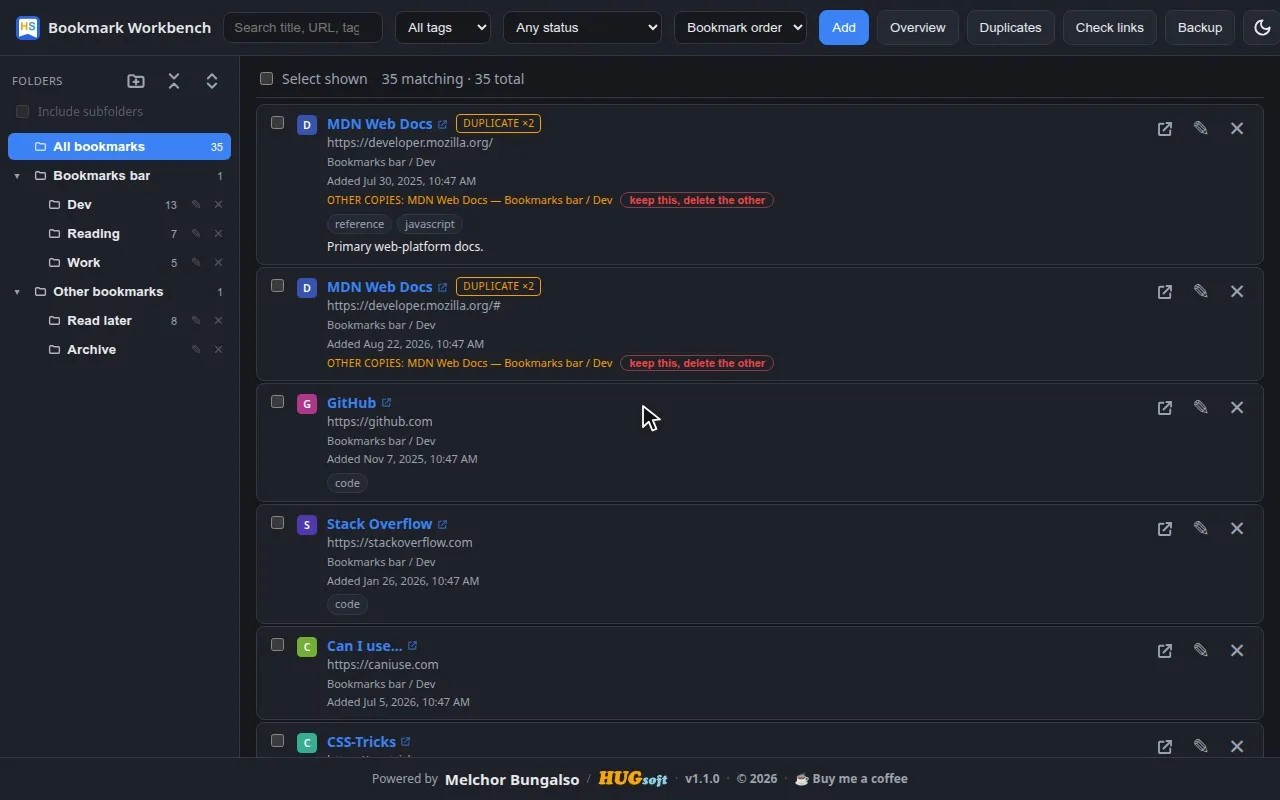 The main bookmark list with the folder sidebar