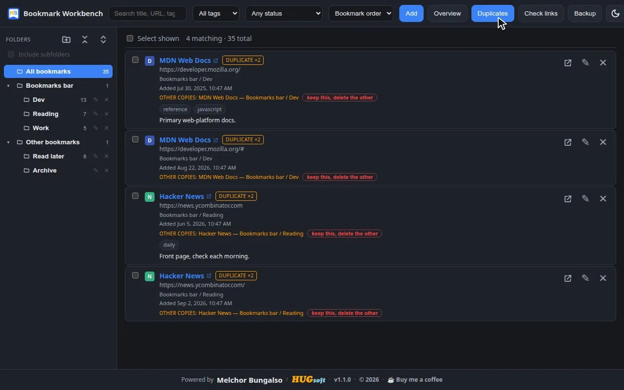 The duplicate finder showing grouped duplicate bookmarks