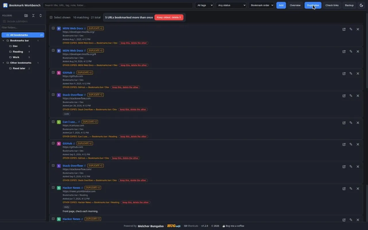 The duplicate finder showing grouped duplicate bookmarks, with a keep-oldest cleanup button