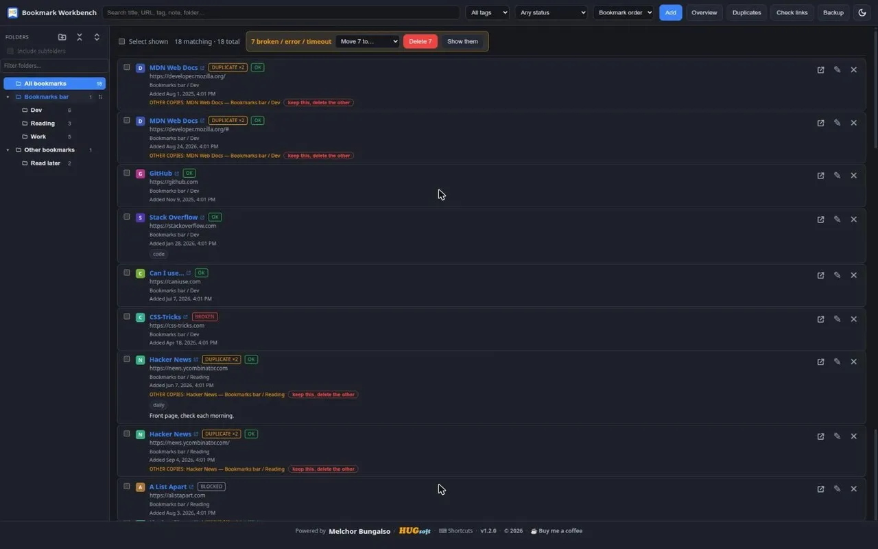 The dead-link checker with ok, broken, blocked and error badges