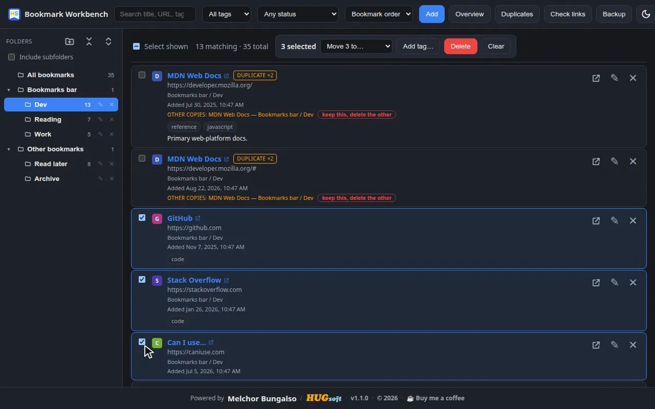 Several bookmarks selected with the bulk action bar visible