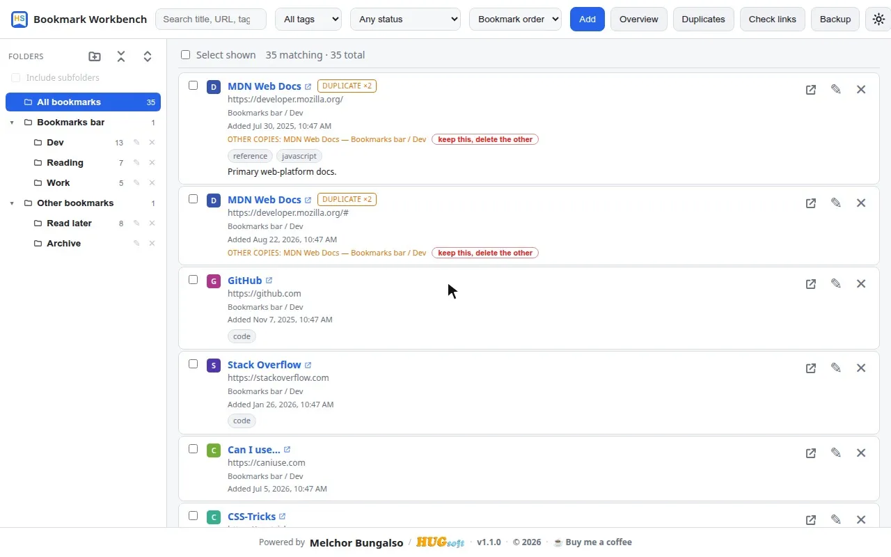 The same bookmark list rendered in the light theme