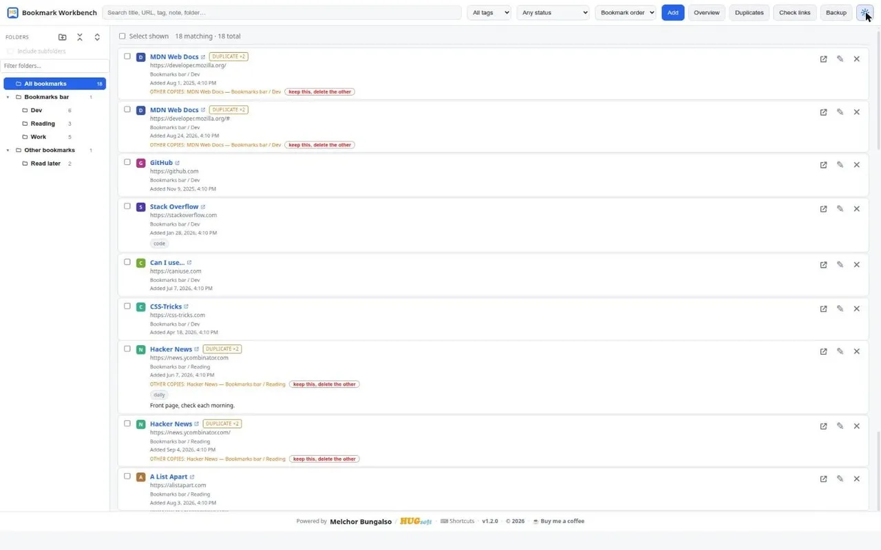 The same bookmark list rendered in the light theme