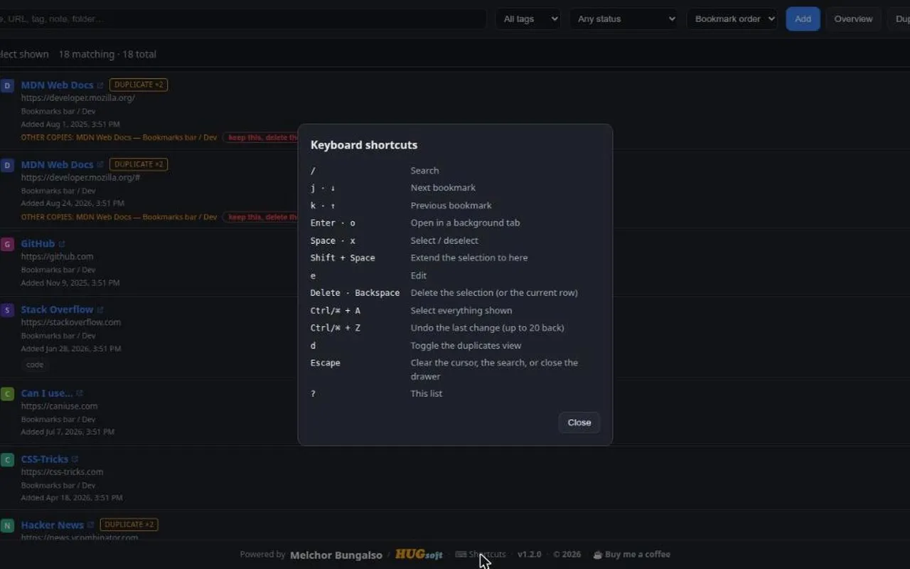 The keyboard shortcuts dialog listing every binding